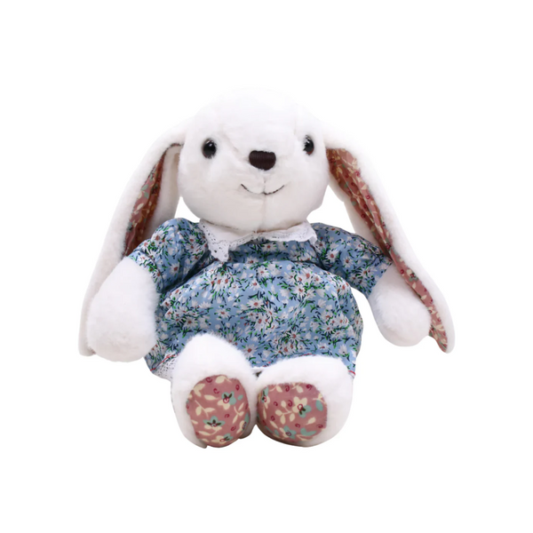 16" Sitting Floral Country Easter White Bunny, Featuring Soft Fur and a Charming Floral Outfit by Plushland.