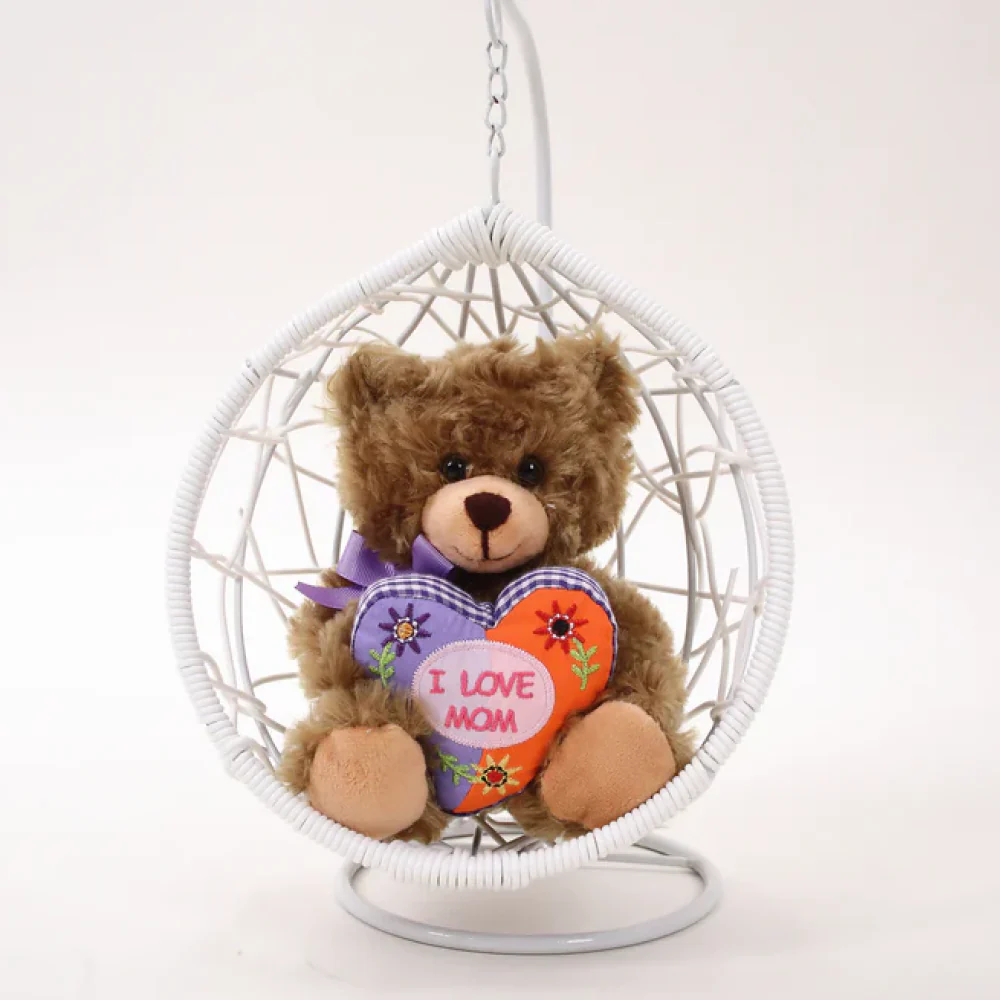 6" Sitting Swing Mocha Bear with Mom Floral Heart, Featuring Soft and a Loving Design by Plushland.