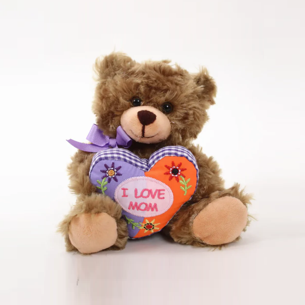 6" Sitting Mocha Bear with Mom Floral Heart, Featuring Soft and a Loving Design by Plushland.