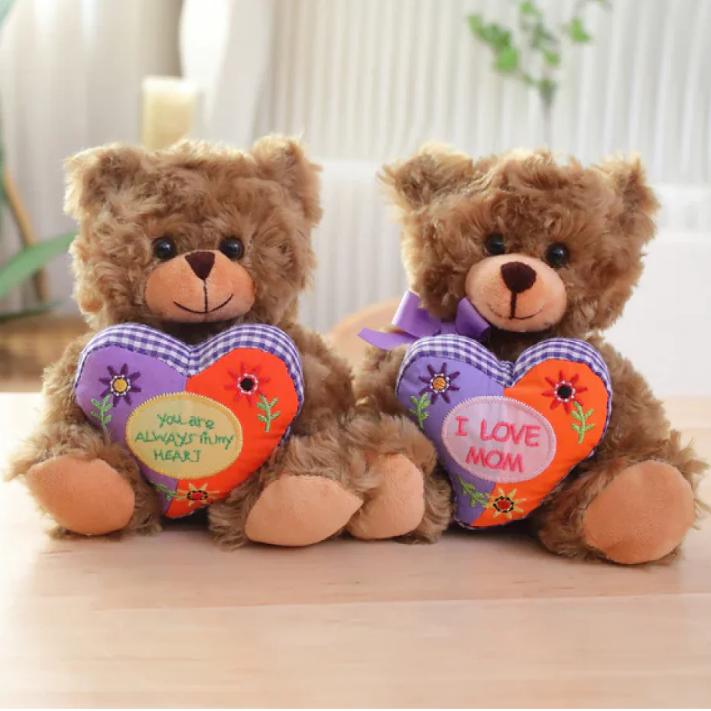 6" Sitting Table, 2 Piece Mocha Bear with Mom Floral Heart, Featuring Soft and a Loving Design by Plushland.