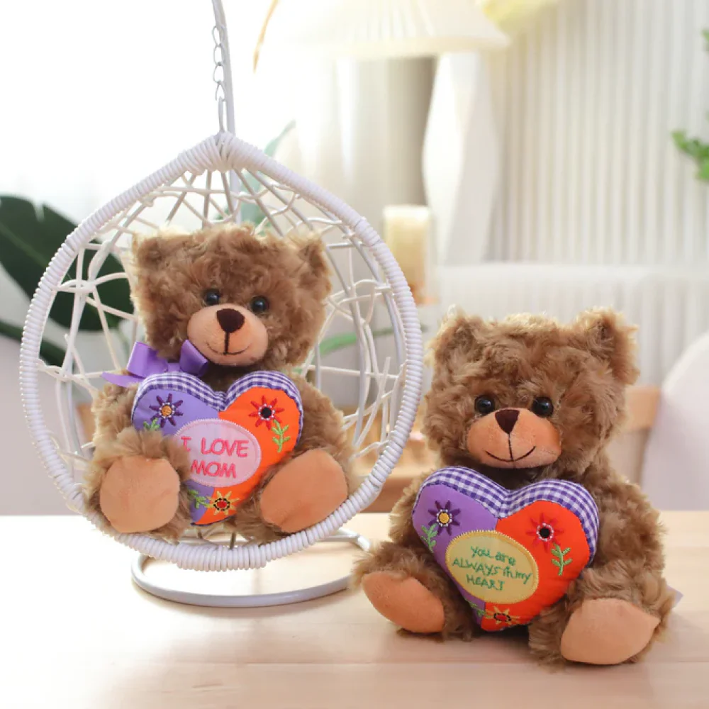 Two 6" Mocha Bears Holding Heart: One on Swing, One on Table, with Mom Floral Heart by Plushland.