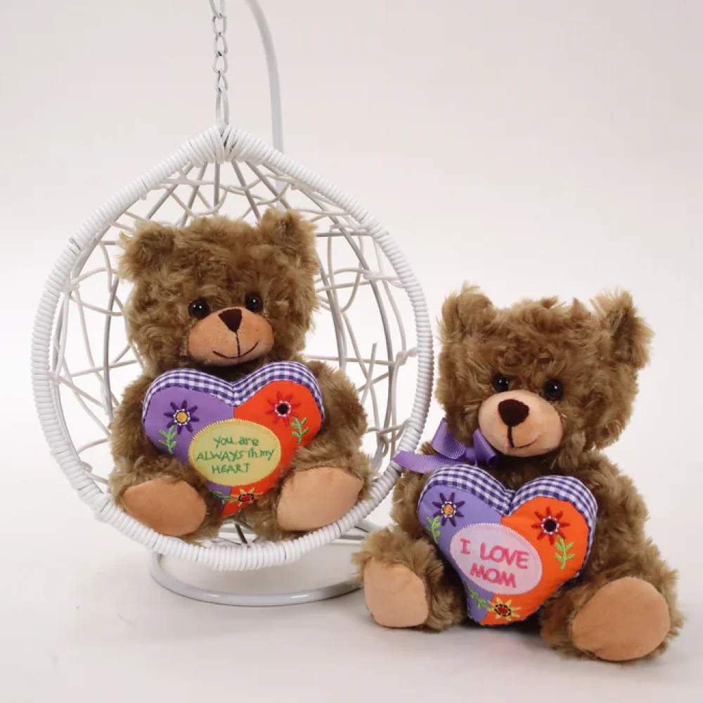 Two 6" Mocha Bears Holding Heart: One on Swing, One on Table, with Mom Floral Heart by Plushland.