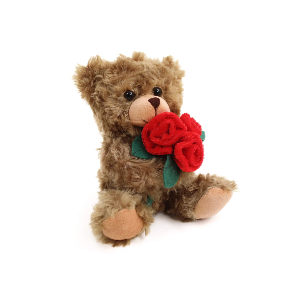 6" Sitting Right Side Mocha Rose Bear, Featuring Soft Fur and Holding a Rose by Plushland. 