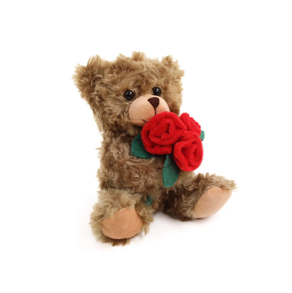 6" Sitting Right Side Mocha Rose Bear, Featuring Soft Fur and Holding a Rose by Plushland. 