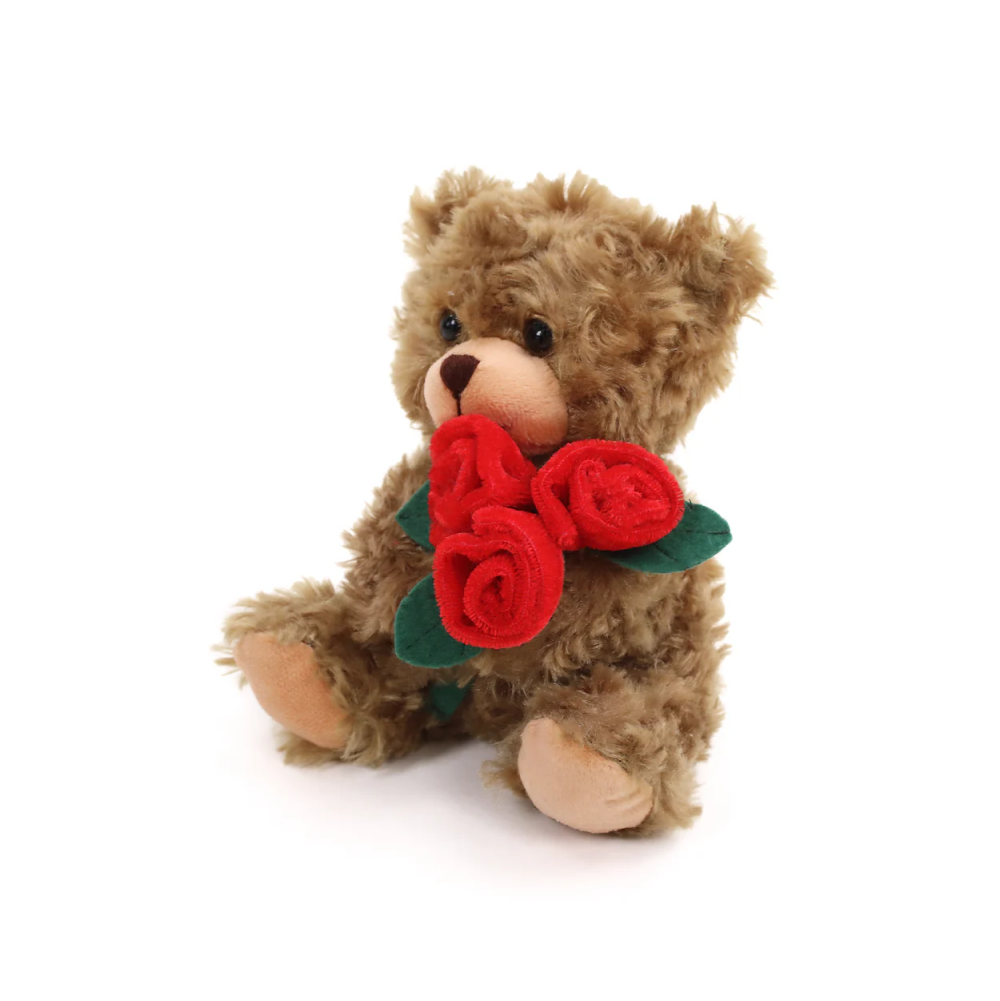 6" Sitting Left Side Mocha Rose Bear, Featuring Soft Fur and Holding a Rose by Plushland. 