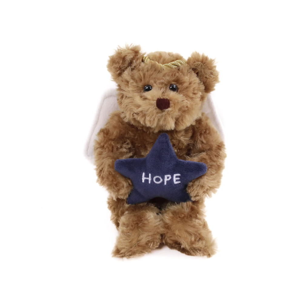 6" Sitting Mocha Star Angel Bear, Featuring Soft Fur and Holding a Star with 'Hope' Inscription, by Plushland.