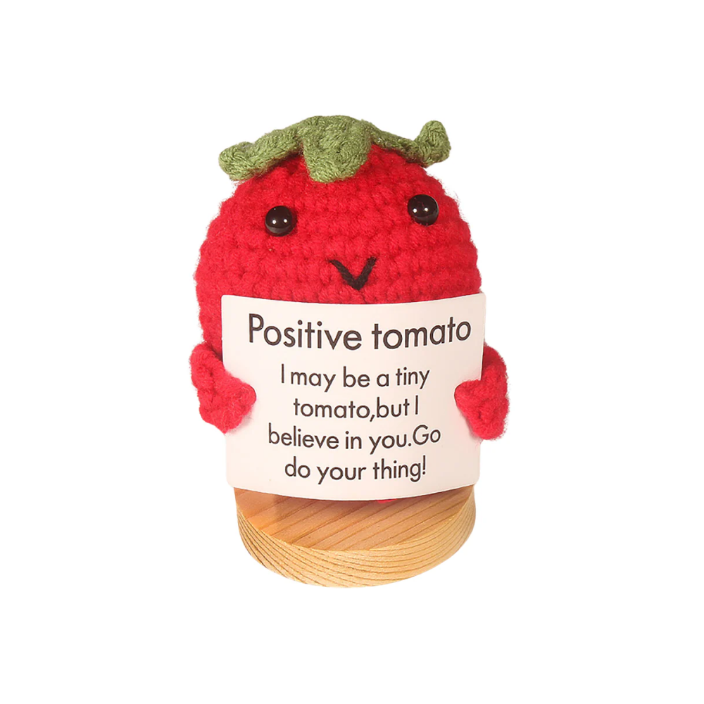 3" Crochet Tomato Dolls Adorned with Positive Affirmation Cards, Featuring Cute and Thoughtful Designs by Plushland.