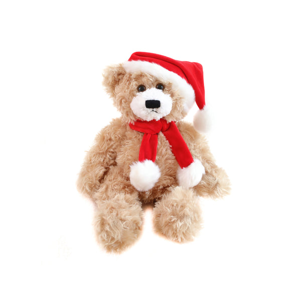 12" Sitting Brandon Bear in Beige, Featuring Soft Fabric and a Charming Holiday Design by Plushland.