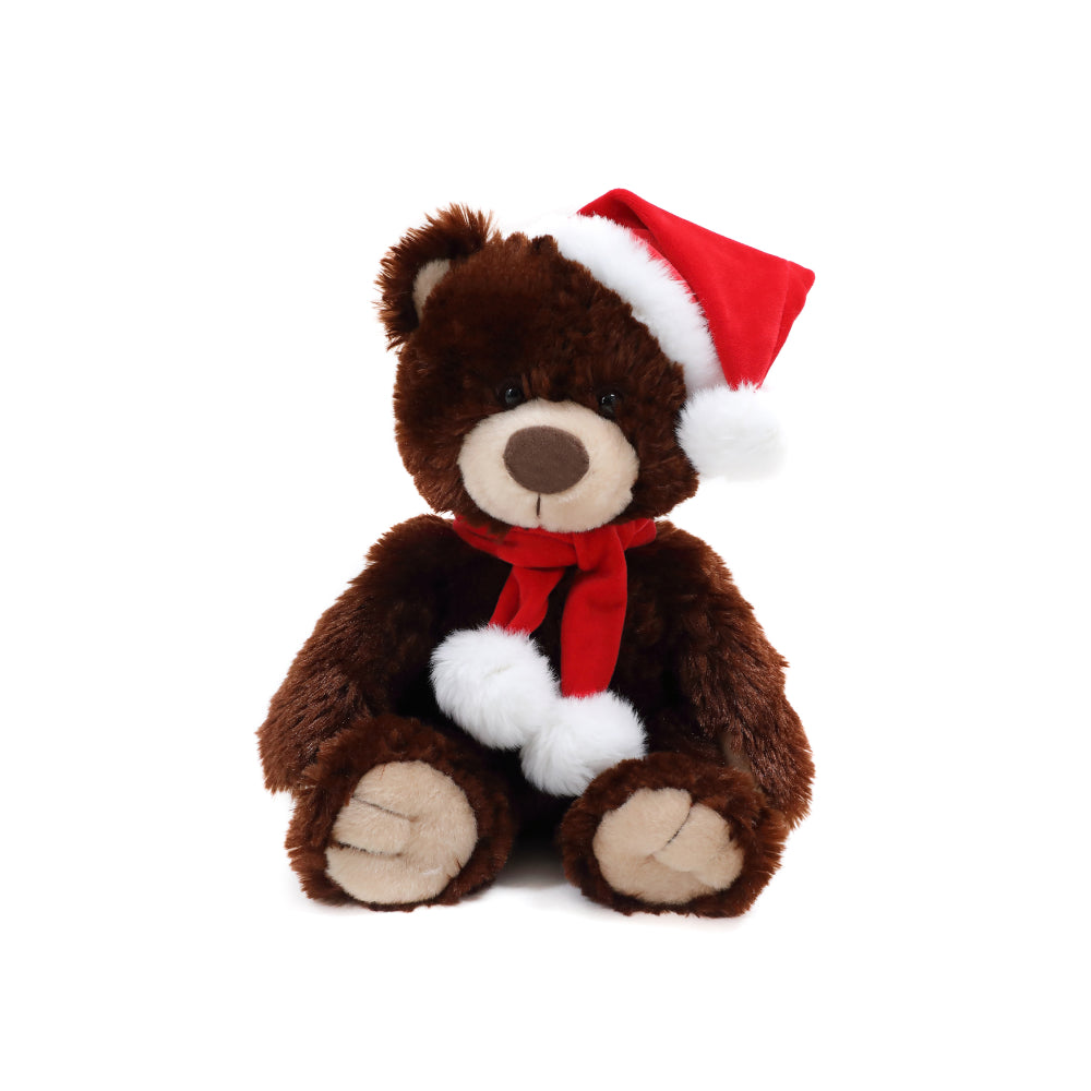 12" Sitting Xmas Noah Bear Chocolate Plush Toy, A Cozy Brown Bear Wearing A Festive Red Santa Hat And Scarf by Plushland.