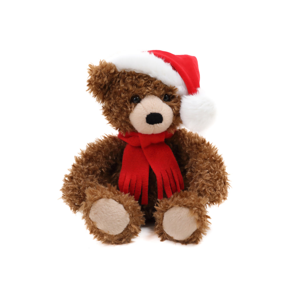 10" Sitting Xmas Junior Bear in Mocha, Featuring a Festive Holiday Design With Soft Fabric by Plushland.