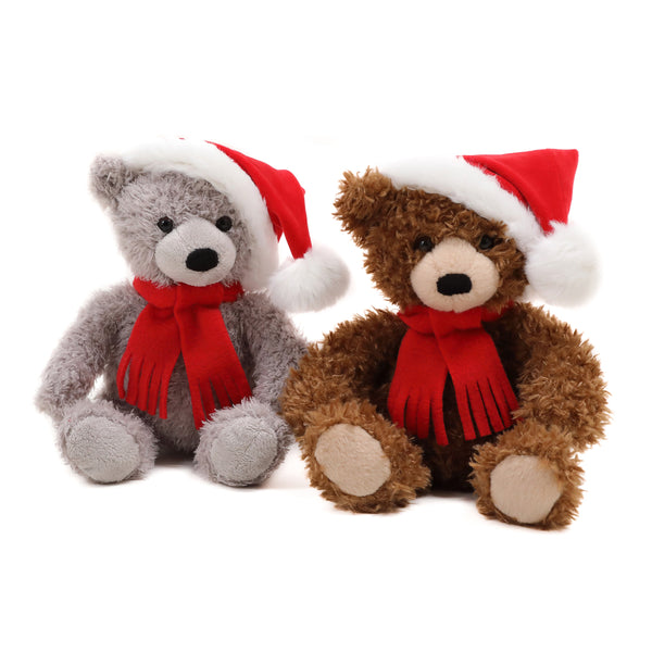 10" Sitting Xmas Junior Bear in Gray & Mocha, Featuring a Festive Holiday Design With Soft Fabric by Plushland.