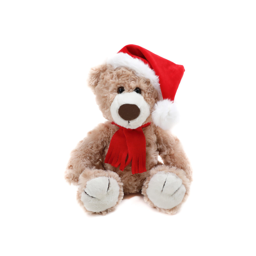 12" Sitting Beige Teddy Bear Named Logan, Wearing Festive Holiday-Themed Accessories Such As a Red Scarf and Santa Hat by Plushland/