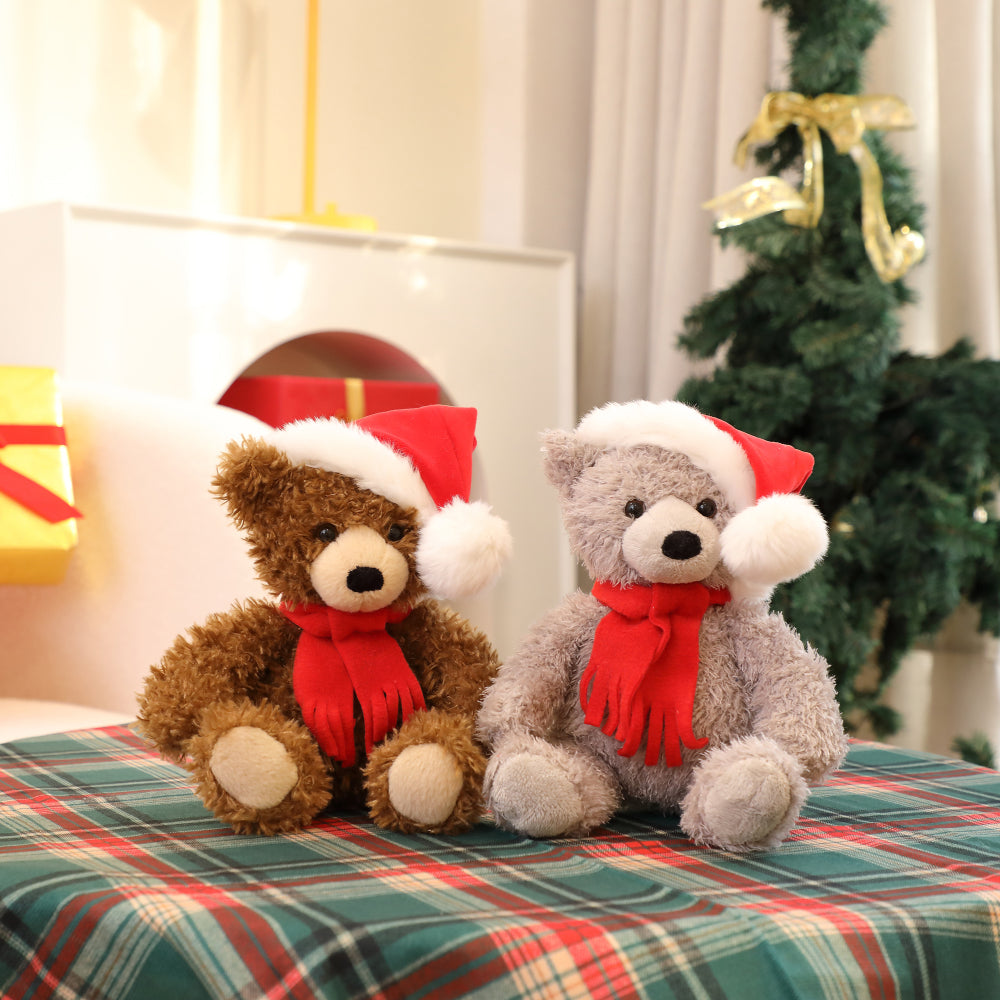 10" Sitting Bed Xmas Junior Bear in Mocha & Gray, Featuring a Festive Holiday Design With Soft Fabric by Plushland.