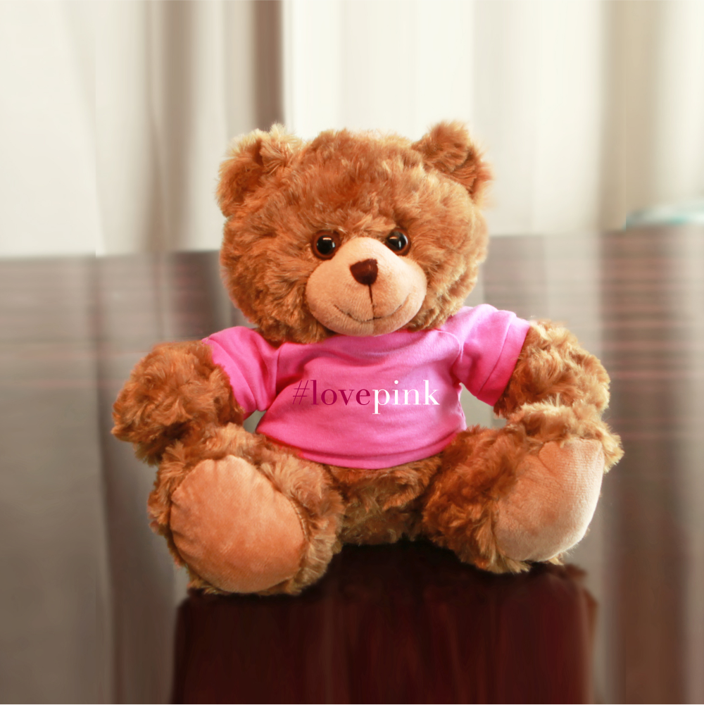 Sitting "Love Pink" T-Shirt  Mocha Bear, Featuring Soft Fur and Sitting on a Cute Base by Plushland.