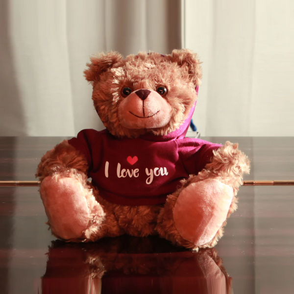 11" Sitting Table Mocha Bear in Maroon Hoodie , Featuring Soft Fur and a Cozy Sweater Design by Plushland.