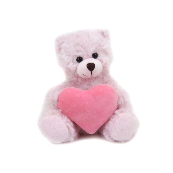 9" Sitting Pink Bear with Custom Heart, Holding a Pink Heart and Soft Fur by Plushland.