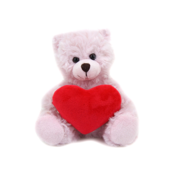 9" Sitting Pink Bear with Custom Heart, Holding a Red Heart and Soft Fur by Plushland.