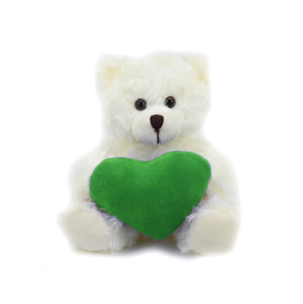 9" Sitting Cream Bear with Custom Green Heart, Soft Fur, Holding a Personalized Heart by Plushland.