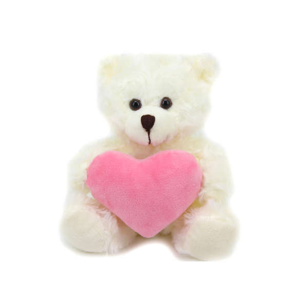 9" Sitting Cream Bear with Custom Pink Heart, Soft Fur, Holding a Personalized Heart by Plushland.