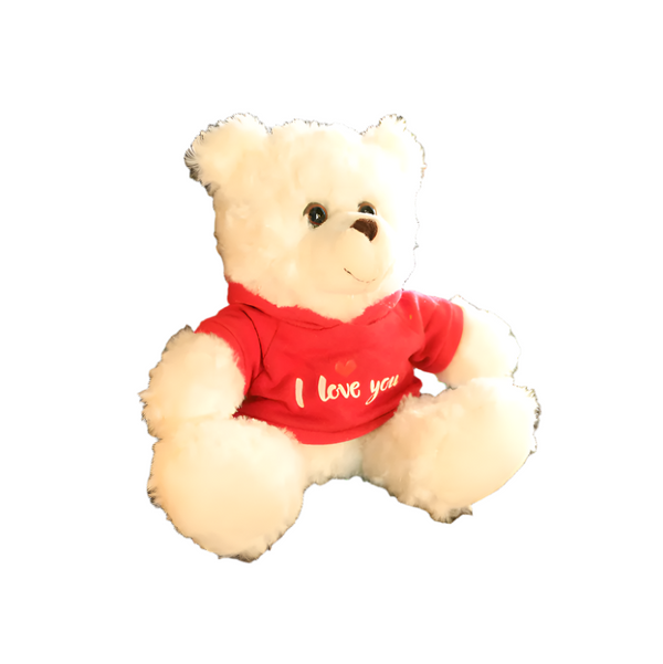 11" Sitting Right Side Cream Bear in Red Love Hoodie, Soft Fur and Cute Design by Plushland.