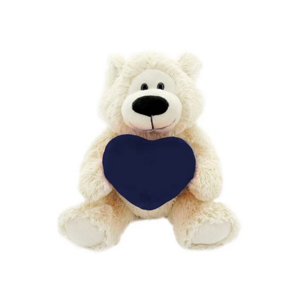 12" Sitting Sophie Bear with Custom Holding Navy Blue Heart, Soft Fur, and Personalized Design by Plushland.