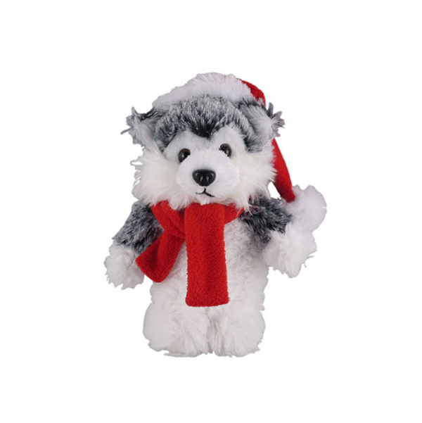 8" Standing Husky with Hat and Scarf, Featuring Soft Fur and a Festive Design by Plushland.