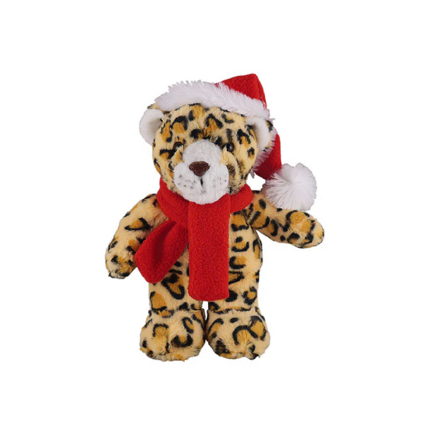 12" Standing Leopard with Red Hat and Scarf, Featuring Soft Fur and a Stylish Winter Design by Plushland.