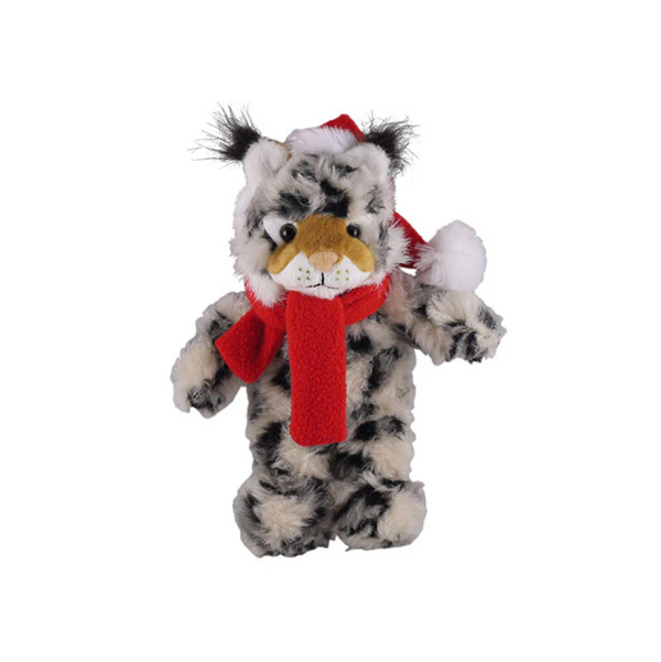 12" Standing Wild Cat with Hat & Red Scarf, Featuring Soft Fur and a Festive Design by Plushland.