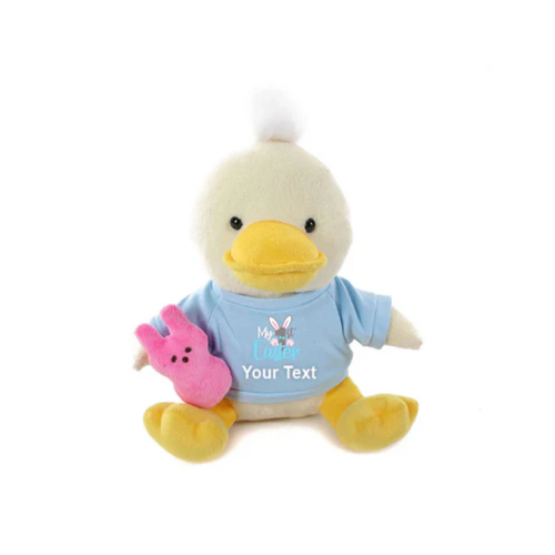 12" Sitting Duck with Custom 1st Easter Baby Blue Shirt, Featuring Soft and an Adorable Outfit by Plushland.






