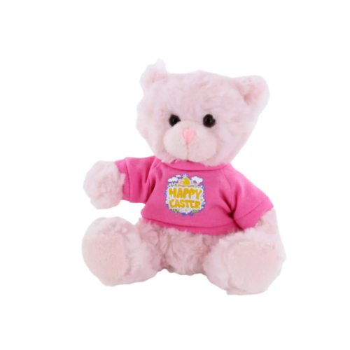 6" Sitting Pink Easter Bear with Shirt, Featuring Soft Fur and an Adorable Outfit by Plushland.