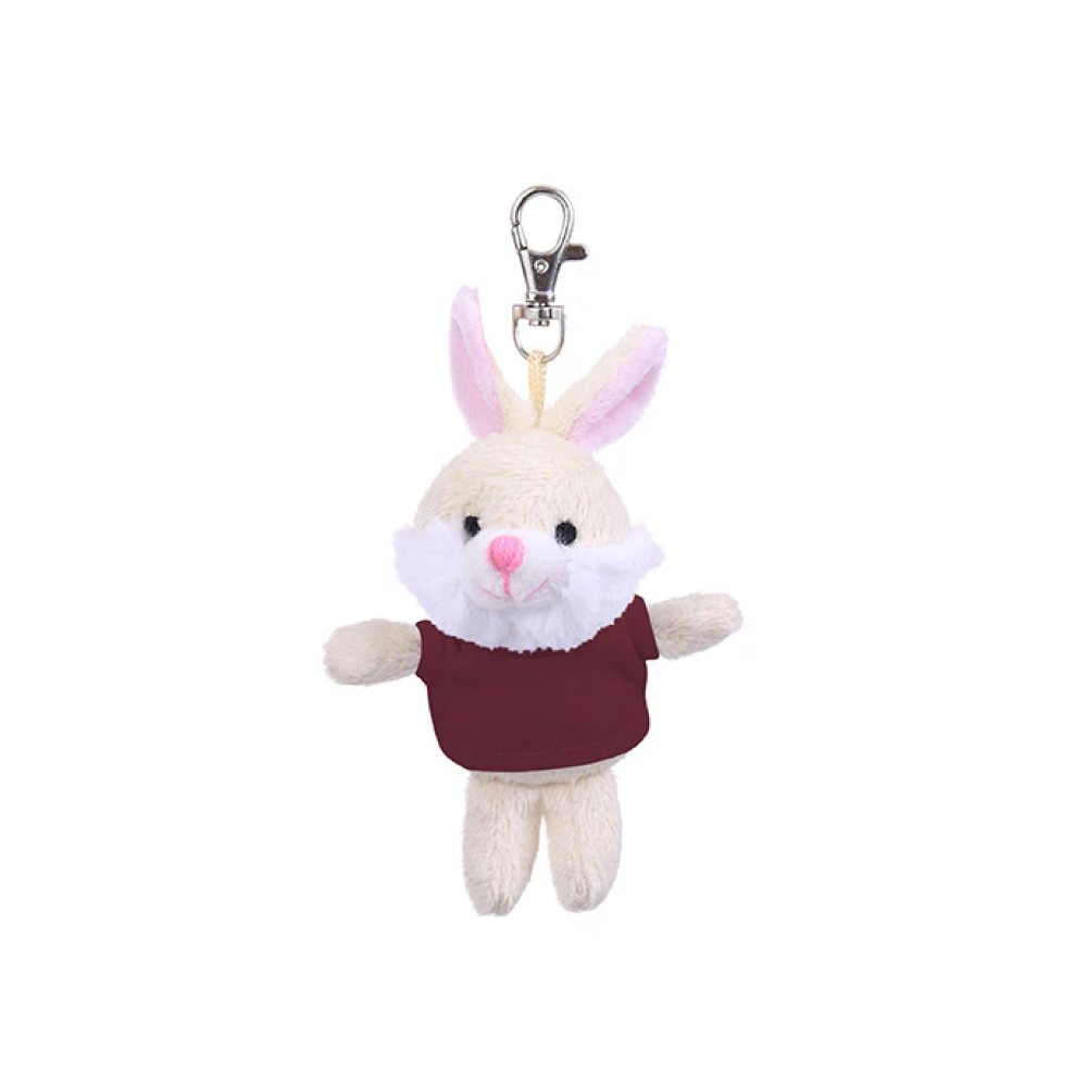 4" Bunny Keychain with Dark Burgandy,  Featuring Soft Fur and a Cute T-Shirt by Plushland.