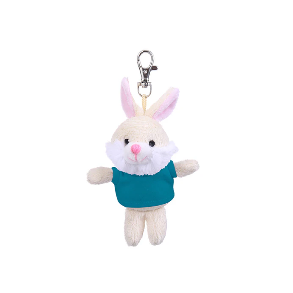 4" Bunny Keychain with Turquoise,  Featuring Soft Fur and a Cute T-Shirt by Plushland.