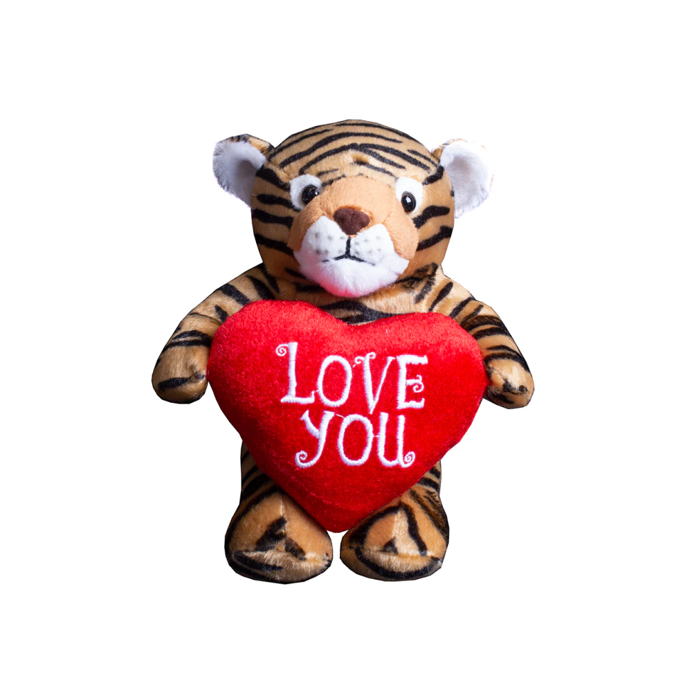 9" Sitting Tiger Coco the Curly Bear Holding Heart, Soft Curly Fur and Adorable Design by Plushland.