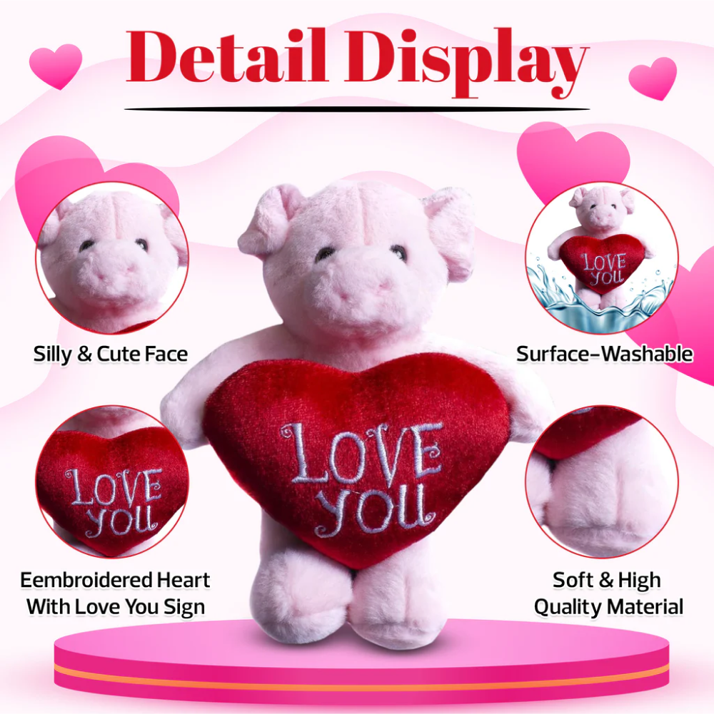 9" Pig Coco the Curly Bear Holding Heart, Soft Fur, Adorable Design, and Display Detail by Plushland.