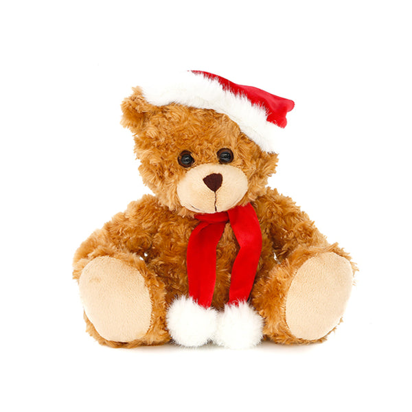 11" Sitting Xmas Mocha Bear Plush Toy, A Cozy Brown Bear Wearing A Festive Red Santa Hat And Scarf by Plushland.