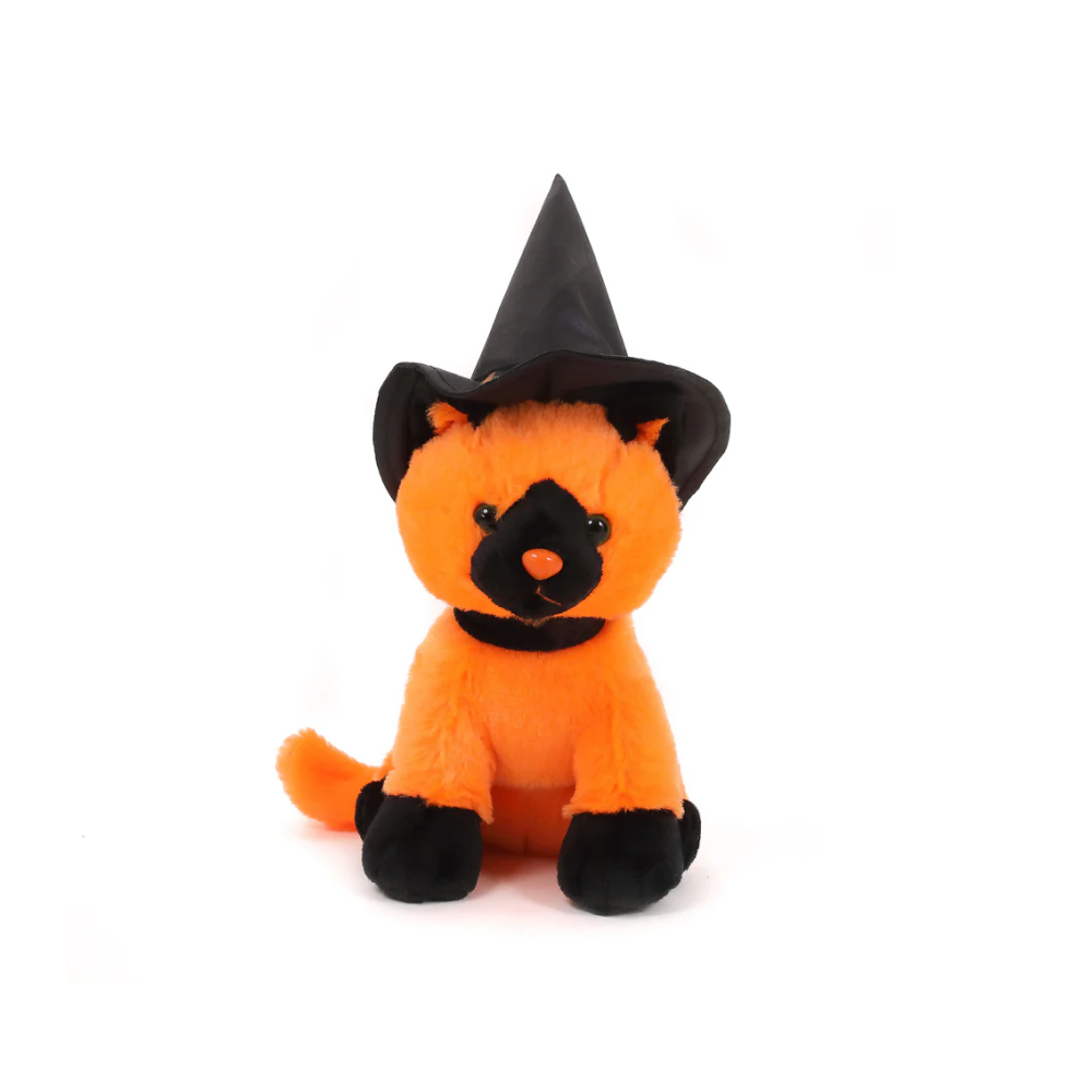 7" Orange Halloween Witch Cat Plush Toy Sitting Front Side with a Black Witch Hat by Plushland