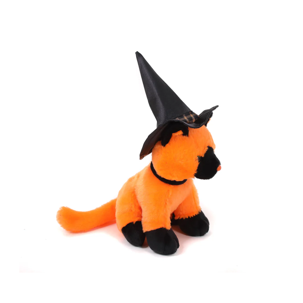 7" Orange Halloween Witch Cat Plush Toy Sitting Right Side with a Black Witch Hat by Plushland