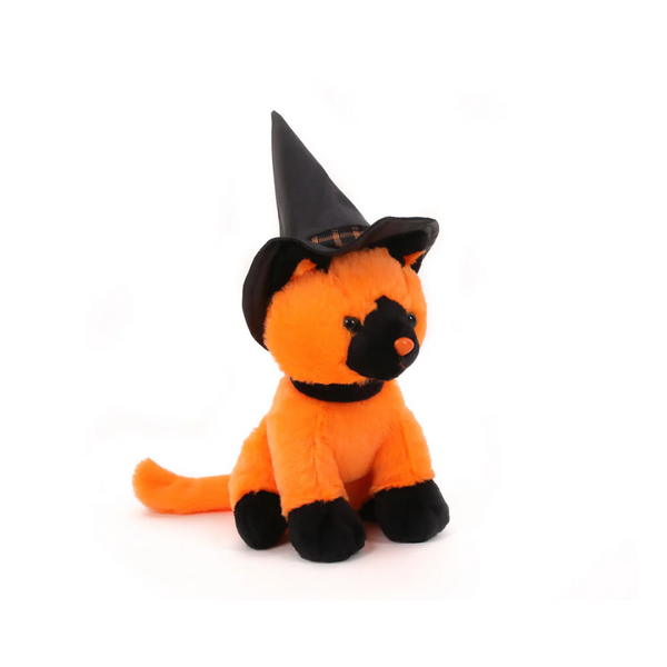 7" Orange Halloween Witch Cat Plush Toy Sitting Right SIde with a Black Witch Hat by Plushland