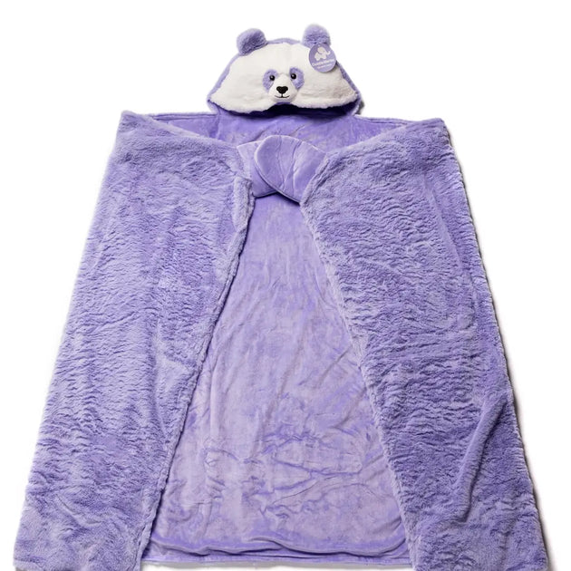 Purple weighted panda plush blanket with bear hood on a white background
