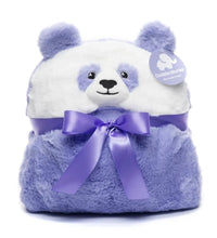 Plush weighted panda toy with a purple bow and tag on a white background