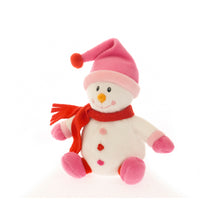 Xmas Baby Snowman Pink Plush Toy Sitting Left Side, A Cute Snowman Dressed In Pink Winter Accessories by Plushland.