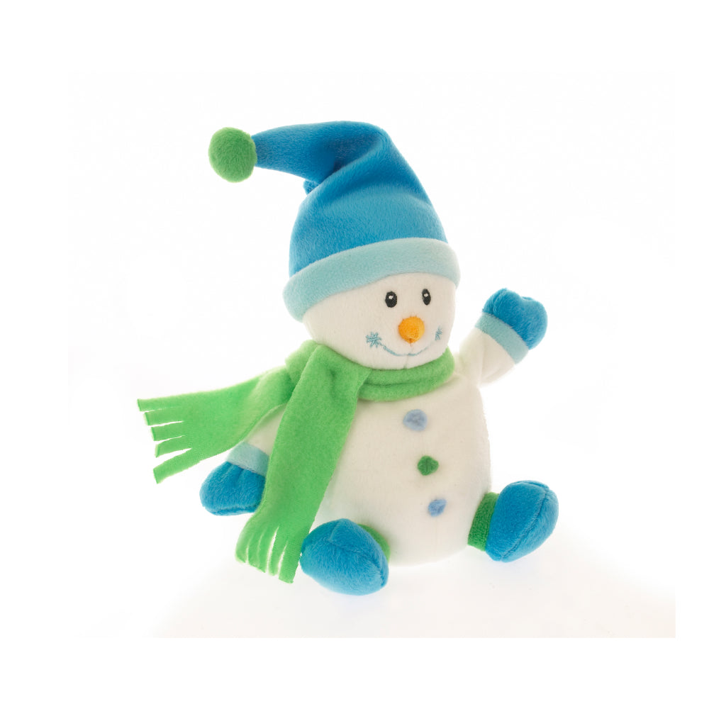 6" Xmas Baby Snowman Blue Plush Toy Sitting Right Side, A Cute Snowman Dressed In Pink Winter Accessories by Plushland.