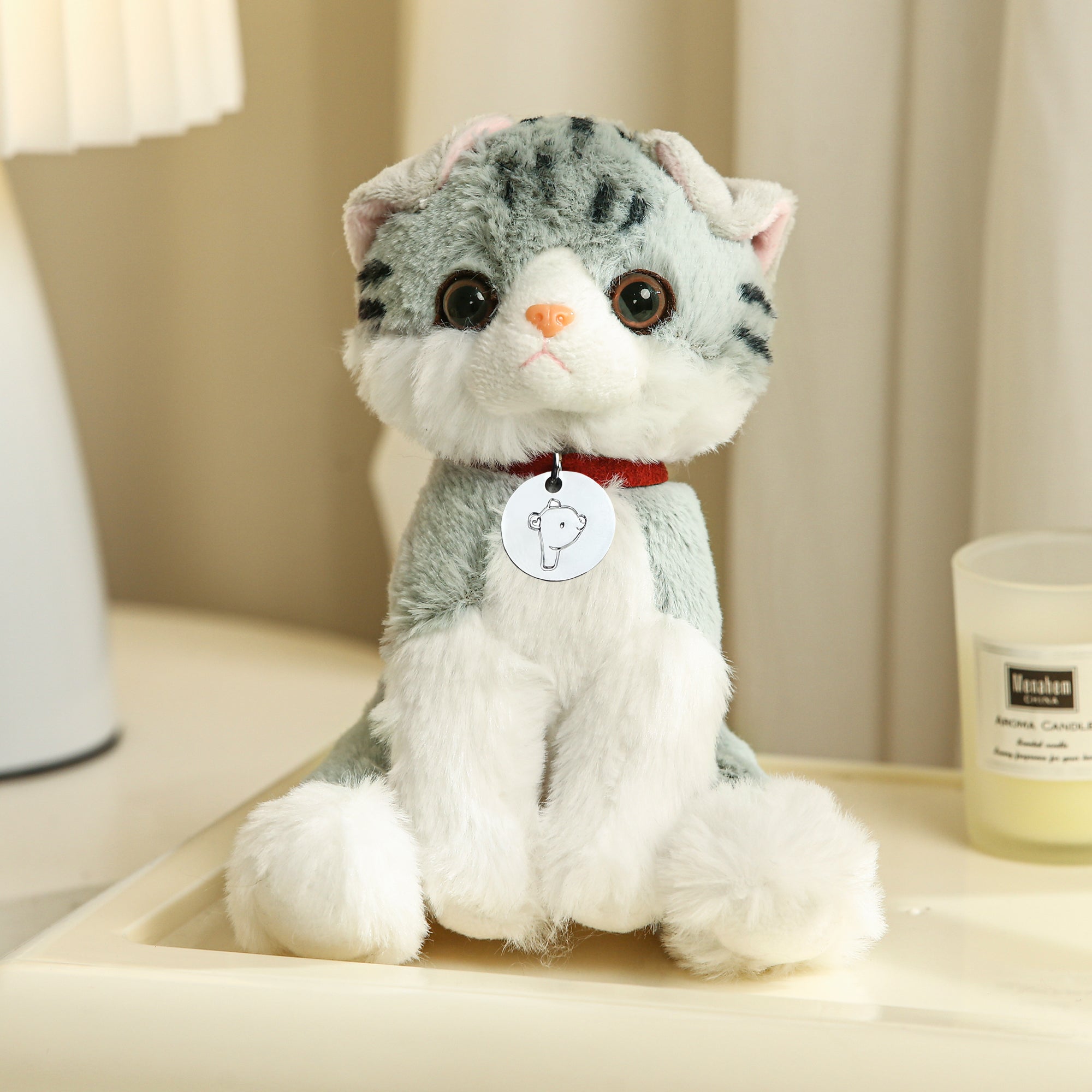 8" Mitty the Tabby Kitty with Collar, Featuring Soft Fur and Sitting on a Cute Base by Plushland.