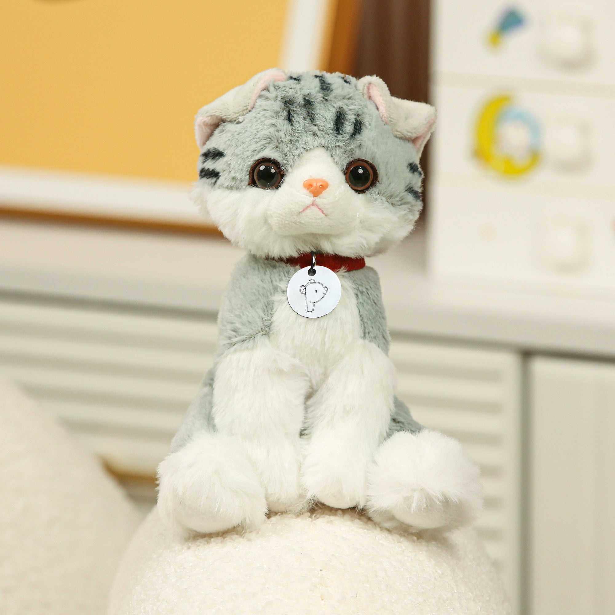 8" Mitty the Tabby Kitty with Collar, Featuring Soft Fur and Sitting on a Cute Base by Plushland.