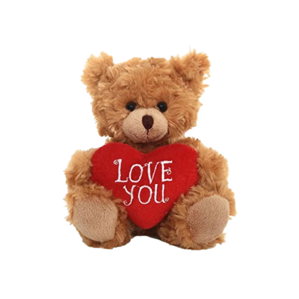 9" Sitting Valentine Mocha Bear, Soft Fur, Holding a Heart with 'Love You' Inscription, Perfect for Gifts by Plushland.