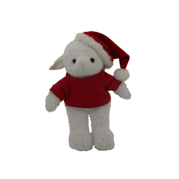 12" Standing Personalized Plush Sheep with Festive Hat and Red Shirt, Design by Plushland.