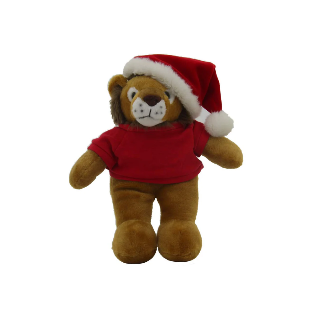 12" Standing Personalized Plush Lion with Festive Hat and Red Shirt, Design by Plushland.