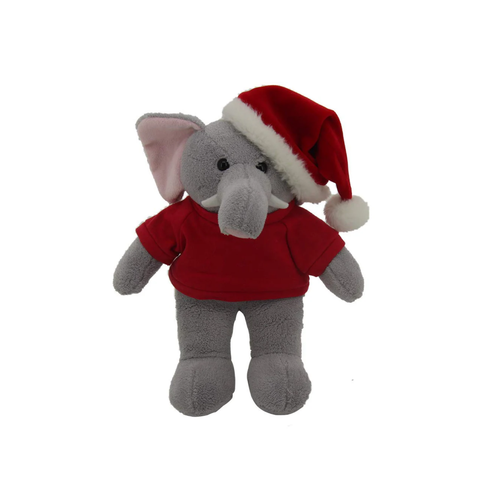 12" Standing Personalized Plush Elephant with Festive Hat and Red Shirt, Design by Plushland.