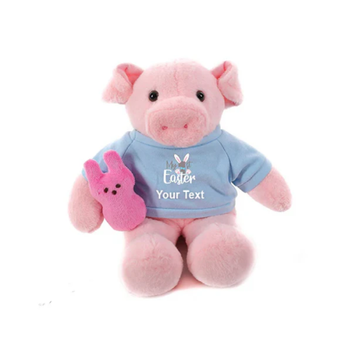 12" Sitting Pig with Custom 1st Easter Baby Blue Shirt, Featuring Soft and an Adorable Outfit by Plushland.






