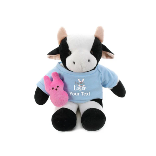 12" Sitting Cow with Custom 1st Easter Baby Blue Shirt, Featuring Soft and an Adorable Outfit by Plushland.






